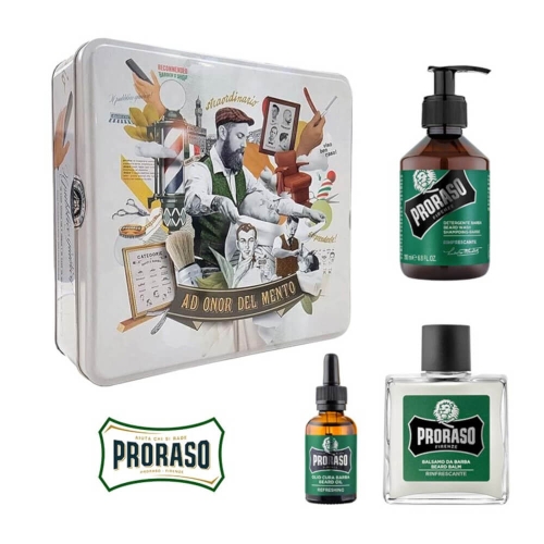 Zestaw-Proraso-do-pielegnacji-brody-metalowa-puszka-z-grafika-mezczyzny-w-salonie-barberskim-oraz-zel,-olejek-i-balsam,-ustawione-na-jednolitym-tle,-w-stylu-retro..jpg