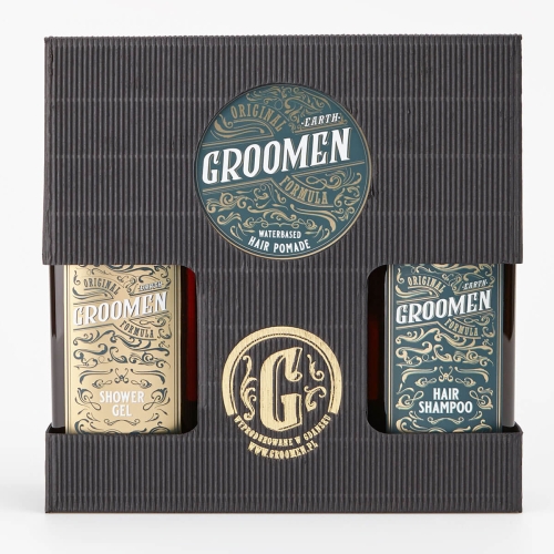 Zestaw-Groomen-zawiera-zel-pod-prysznic-zlota-etykieta-i-szampon-granatowa-etykieta-w-ciemnym-opakowaniu.-Z-przodu-widoczne-logo-Groomen-i-napis-Waterbased-Hair-Pomade-na-srednim,-okraglym-opakowaniu..jpg