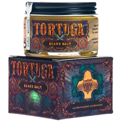 Balsam-do-brody-RareCraft-Tortuga-50-ml-w-sloiczku-z-czarna-zakretka-i-pomaranczowa-etykieta-z-motywami-morskimi-i-geometrycznymi.-Produkt-w-kolorowym-kartoniku-z-podobnym-wzorem,-widoczny-frontalnie-na-niejednolitym-tle..jpg
